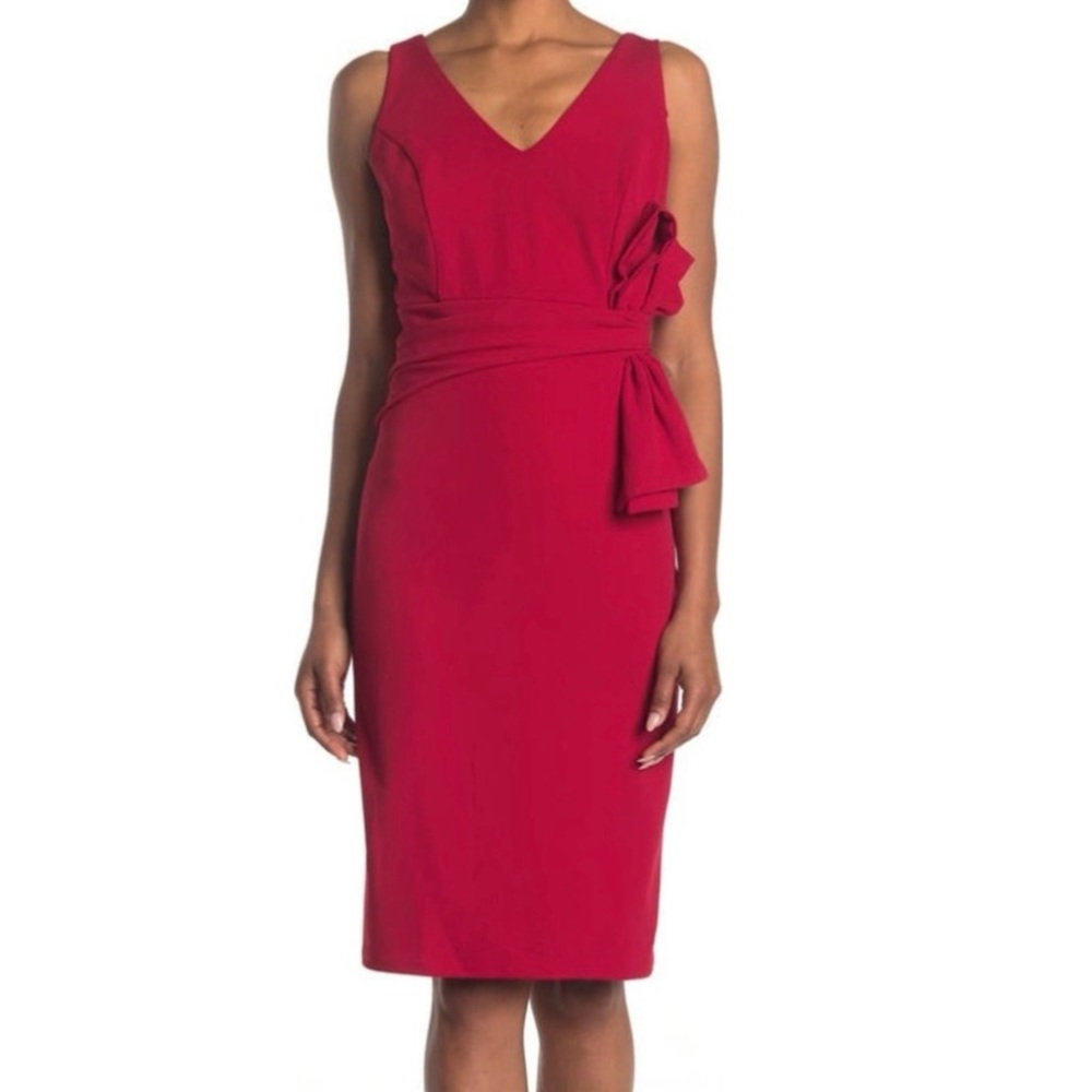 MARINA Draped Side Bow V-Neck Sleeveless Woven Dress, Rouge, Size 6